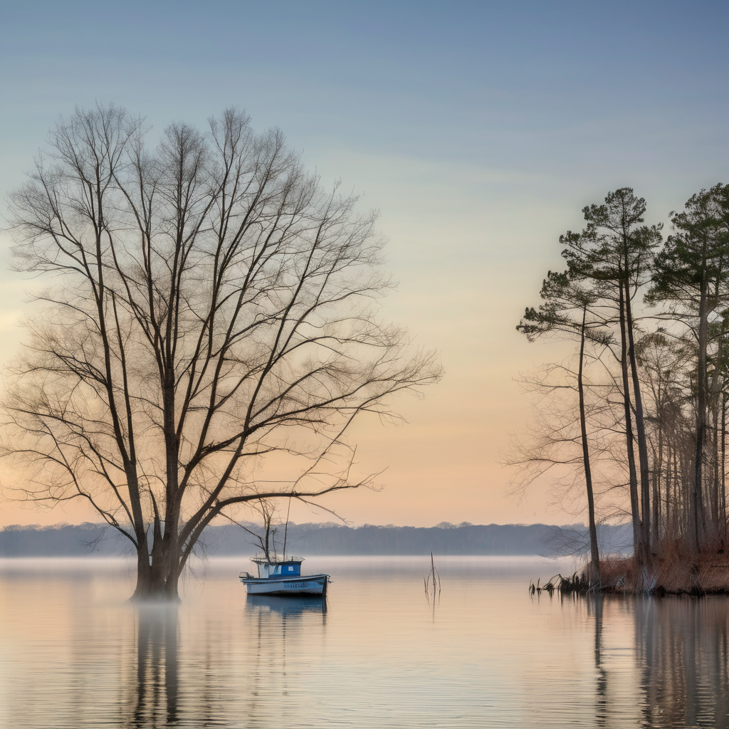 Lake Hartwell boat in the lake in winter time