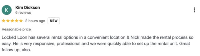 Screenshot of a 5-star review for Locked Loon Storage