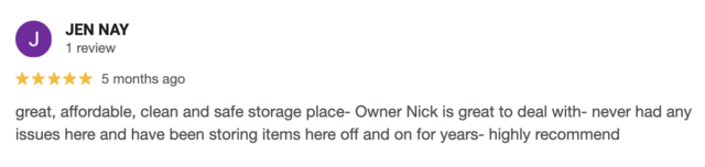 Screenshot of a 5-star review for Locked Loon Storage