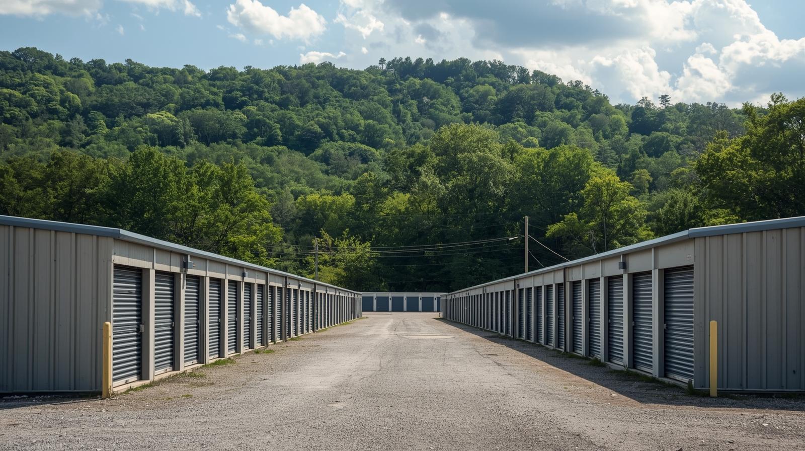 Drive-up self-storage units at a facility near Signal Mountain with wooded hills in the background. Drive-up self-storage units at a facility near Signal Mountain with wooded hills in the background.