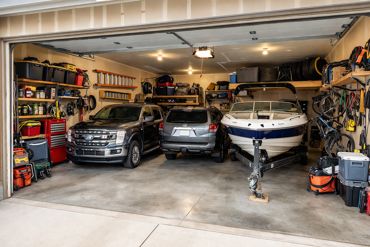 Typical home 3-car garage cluttered with storage bins on the walls, a truck, a car, and a boat on a trailer Typical home 3-car garage cluttered with storage bins on the walls, a truck, a car, and a boat on a trailer