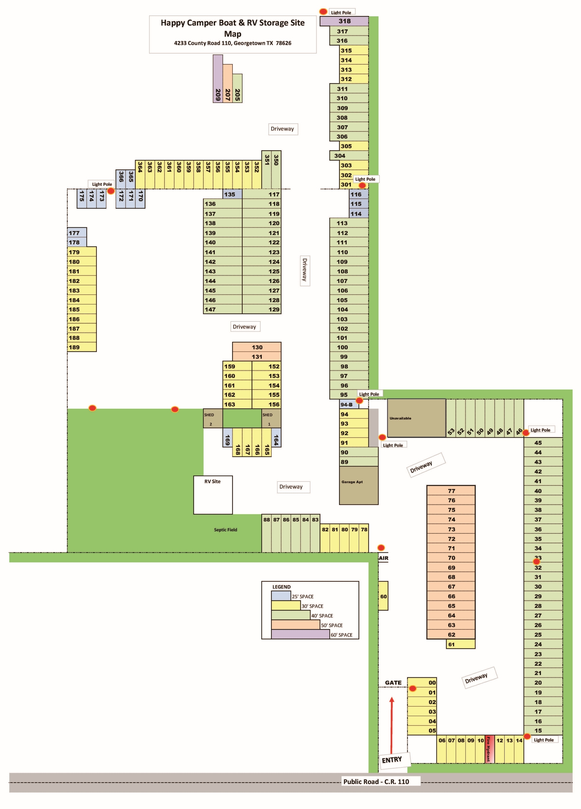 A map showing Happy Camper Parking Layout