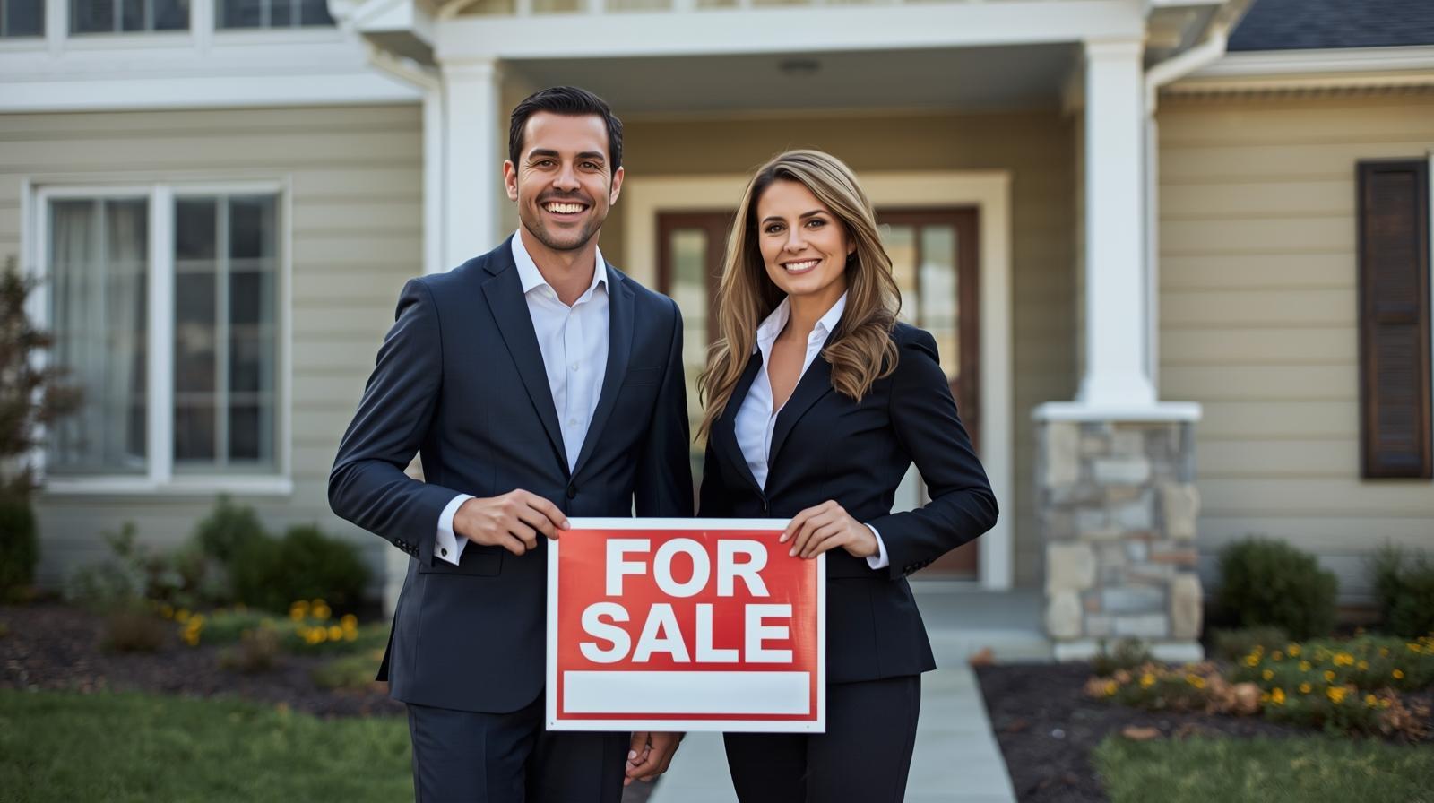 Two real estate agents holding a for sale sign in front of a home in Crown Point, IN