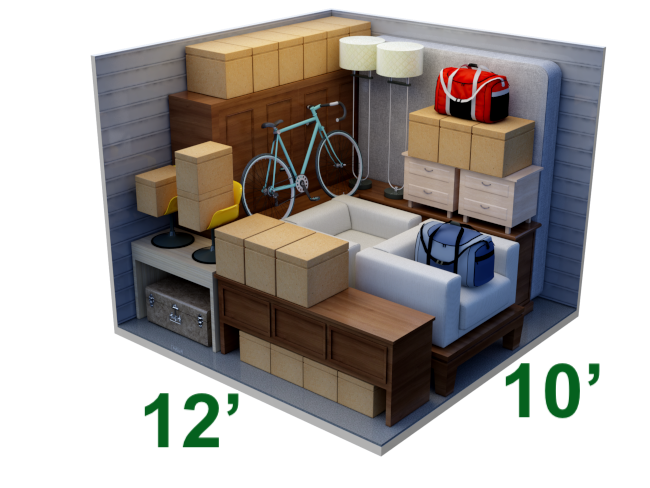 10x12 self storage unit size guide showing 120 square feet of storage space