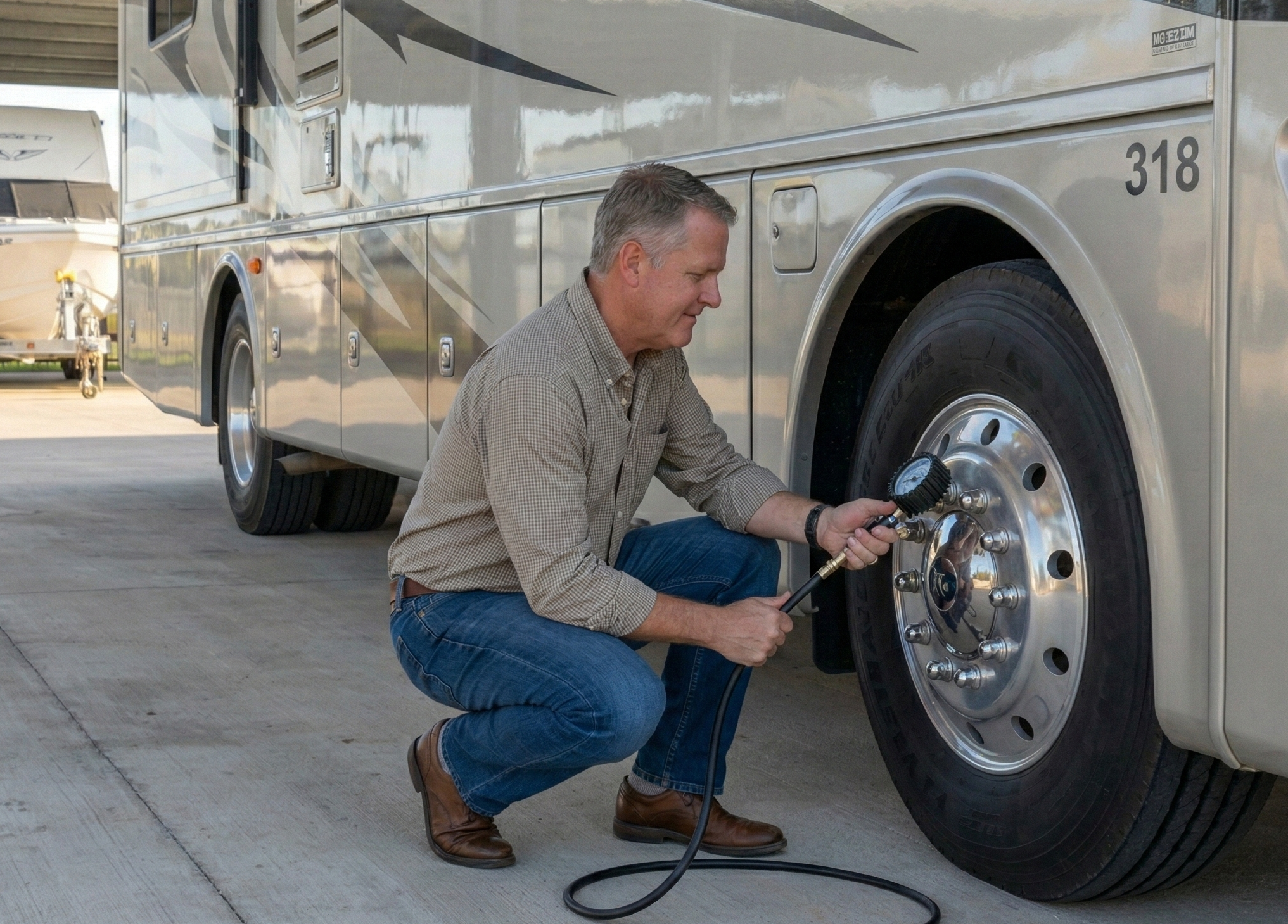 A customer performs spring maintenance and checks tire pressure on an RV stored in a covered unit at I-10 Sealy Columbus Boat & RV Self Storage. A customer performs spring maintenance and checks tire pressure on an RV stored in a covered unit at I-10 Sealy Columbus Boat & RV Self Storage.