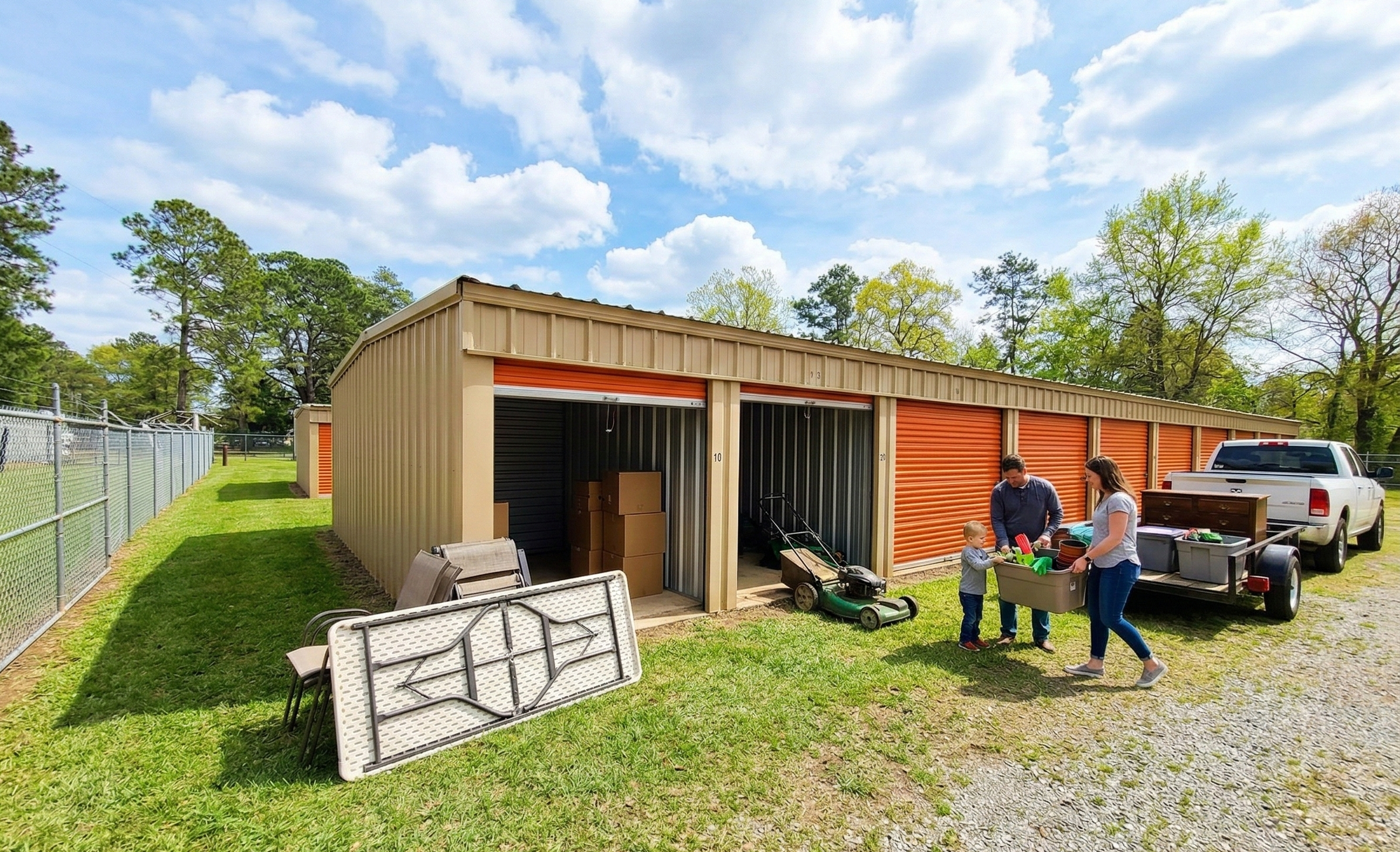 A clean row of gray, drive-up storage units at a secure, well-lit facility under a blue sky, perfect for storing a lawnmower and seasonal equipment.