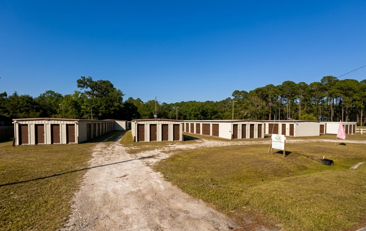 Wide-angle view of Bluff Road Self Storage in Apalachicola, FL, featuring drive-up units with beige siding, brown doors, and visible 24/7 CCTV security cameras against a backdrop of pine trees.