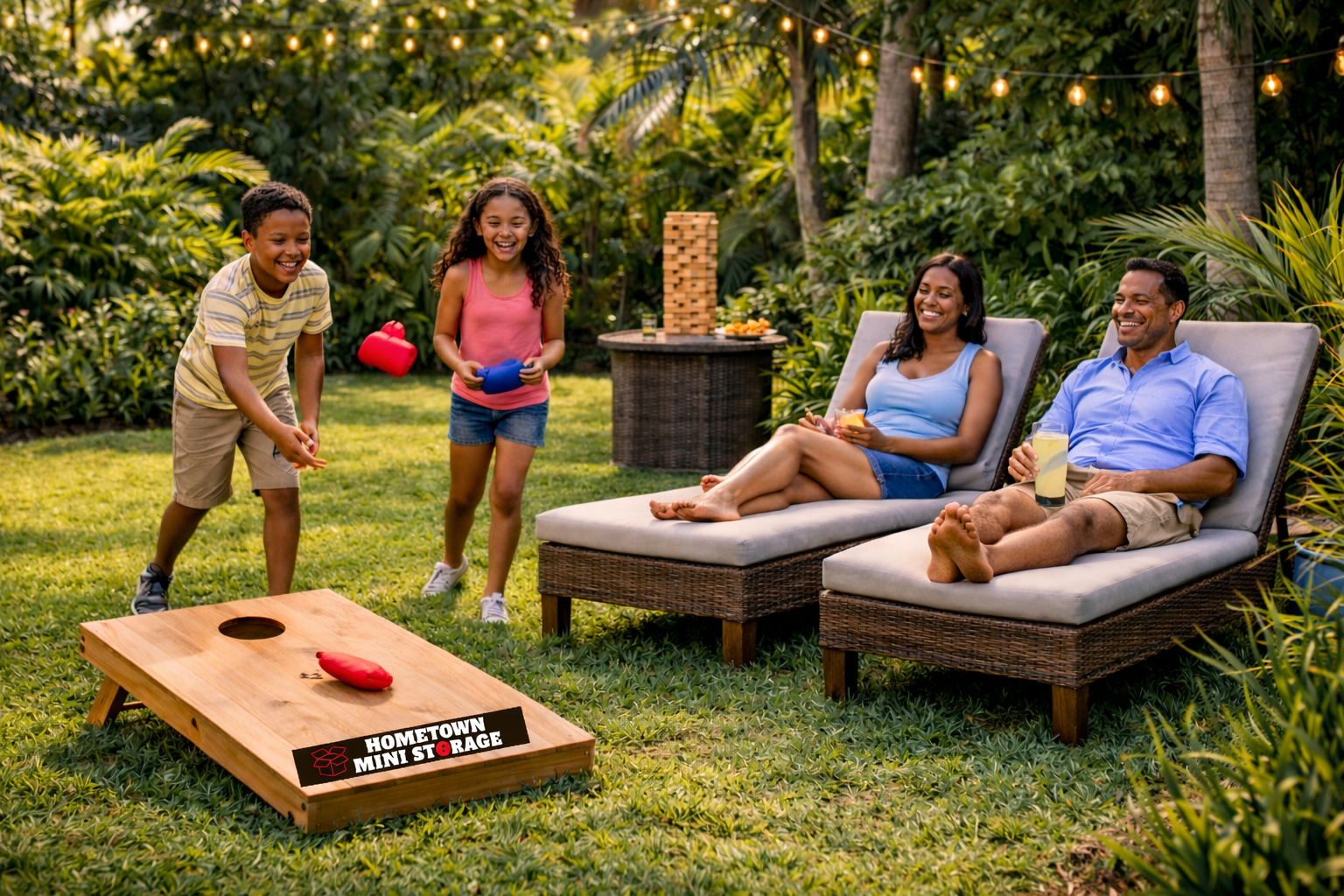 A family plays games and relaxes in a sunlit backyard surrounded by greenery, lounge chairs, and string lights A family plays games and relaxes in a sunlit backyard surrounded by greenery, lounge chairs, and string lights