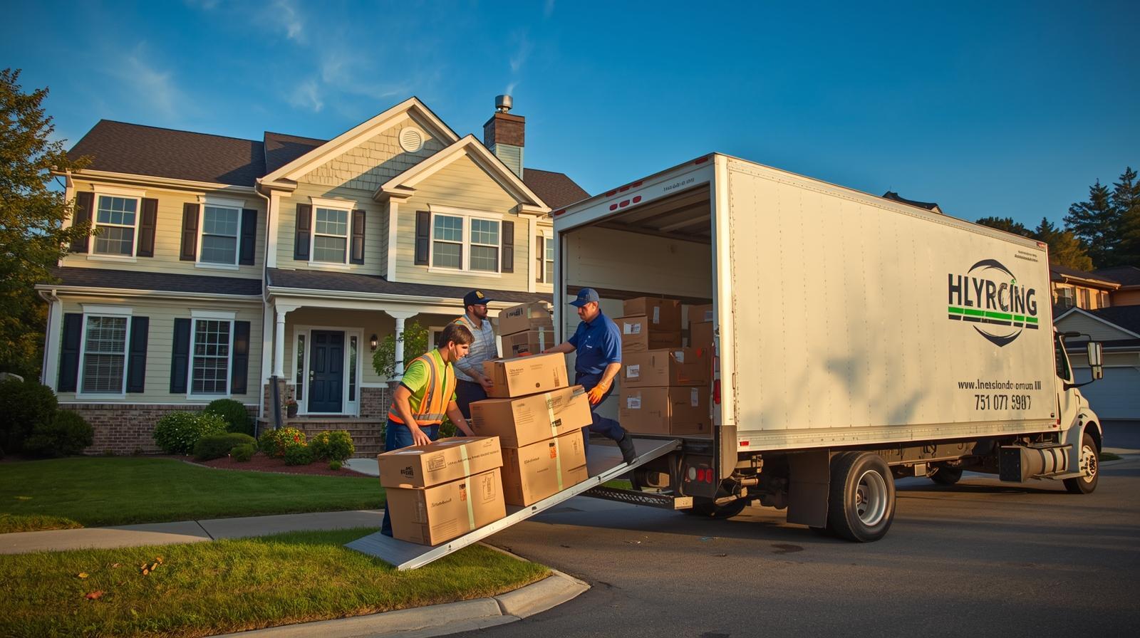 Moving company unloading boxes from a truck in front of a home in Greensboro, Maryland
