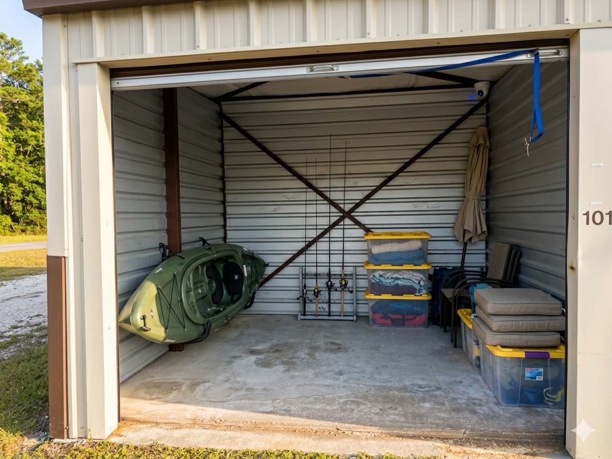 Interior of a single-story self-storage unit with a brown door, neatly storing a kayak, fishing gear, and stacked bins, with a prominent CCTV security camera against a backdrop of pine trees Interior of a single-story self-storage unit with a brown door, neatly storing a kayak, fishing gear, and stacked bins, with a prominent CCTV security camera against a backdrop of pine trees