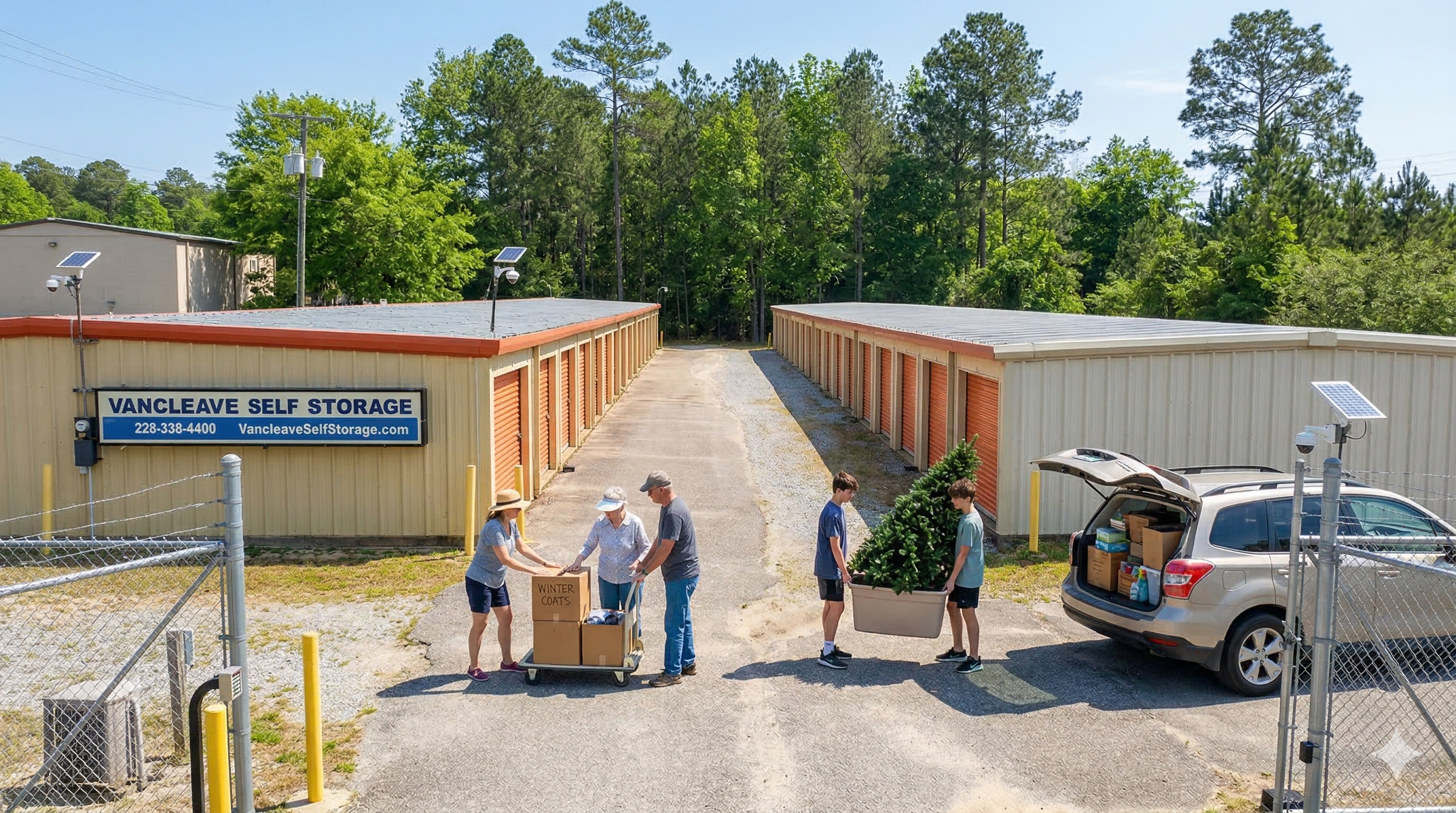 A local Vancleave family organizing and loading boxes of winter gear into an orange-door storage unit during a sunny spring cleaning weekend, with security cameras and fencing visible, near Highway 57, Vancleave, Mississippi.