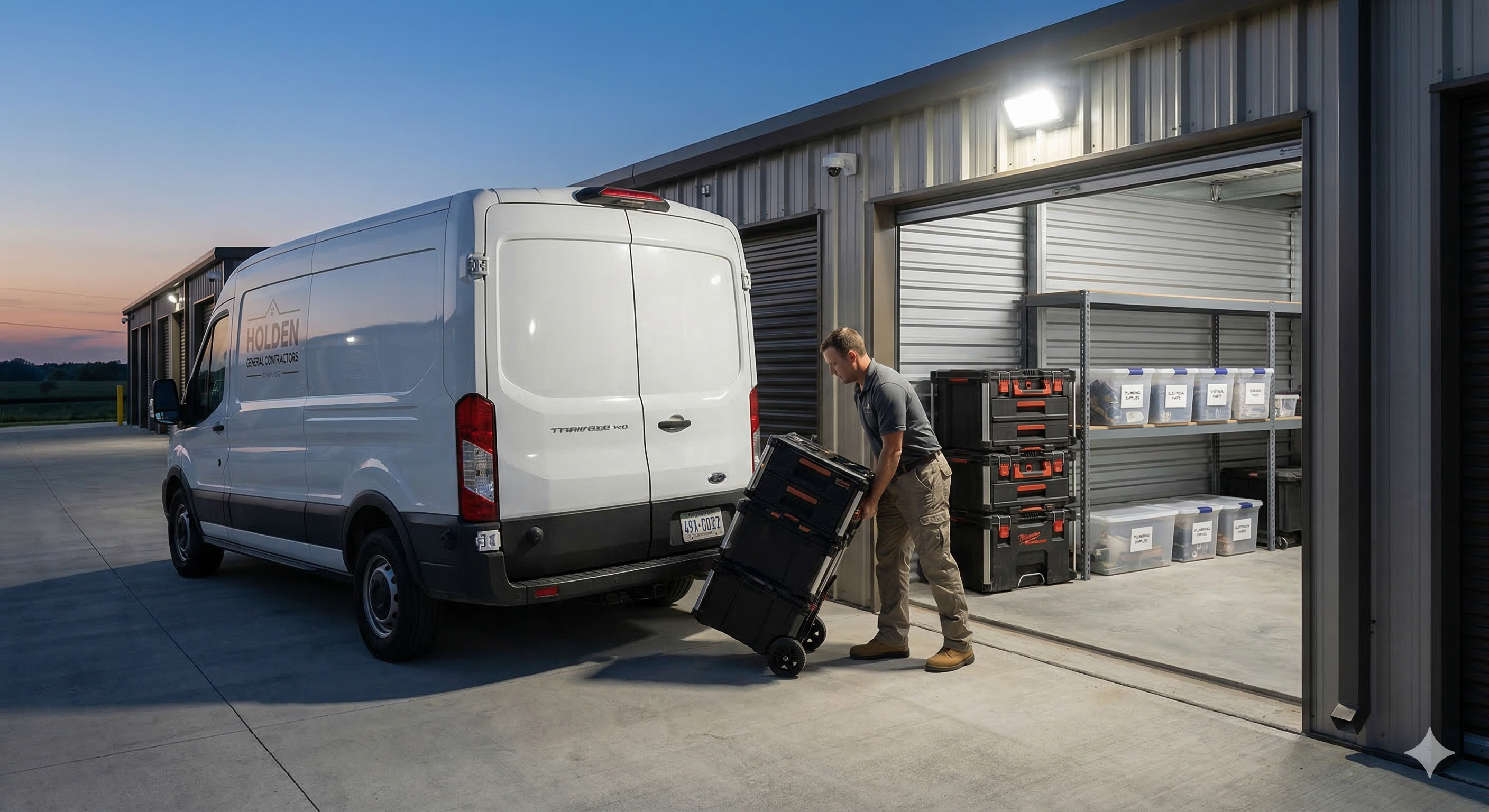 A professional contractor loading supplies from a clean, organized Barnhouse Storage unit into a van in Holden, MO