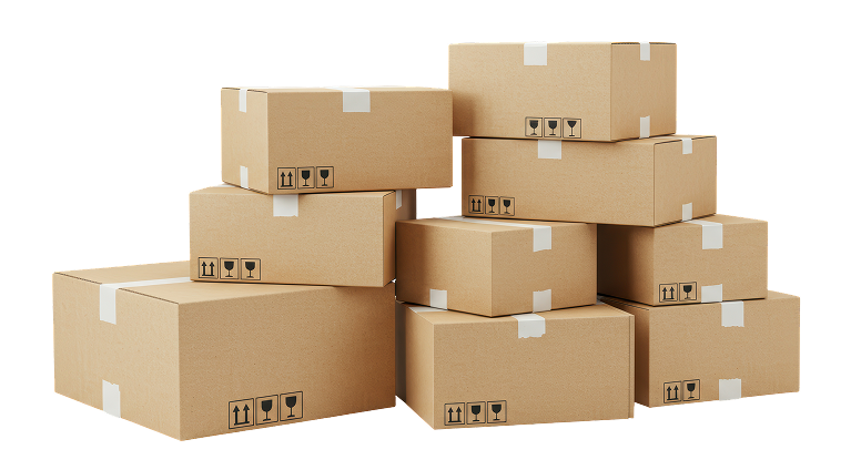 A stack of ten brown cardboard boxes against a black background, featuring handling symbols like arrows and fragile icons, conveying shipping or moving. A stack of ten brown cardboard boxes against a black background, featuring handling symbols like arrows and fragile icons, conveying shipping or moving.