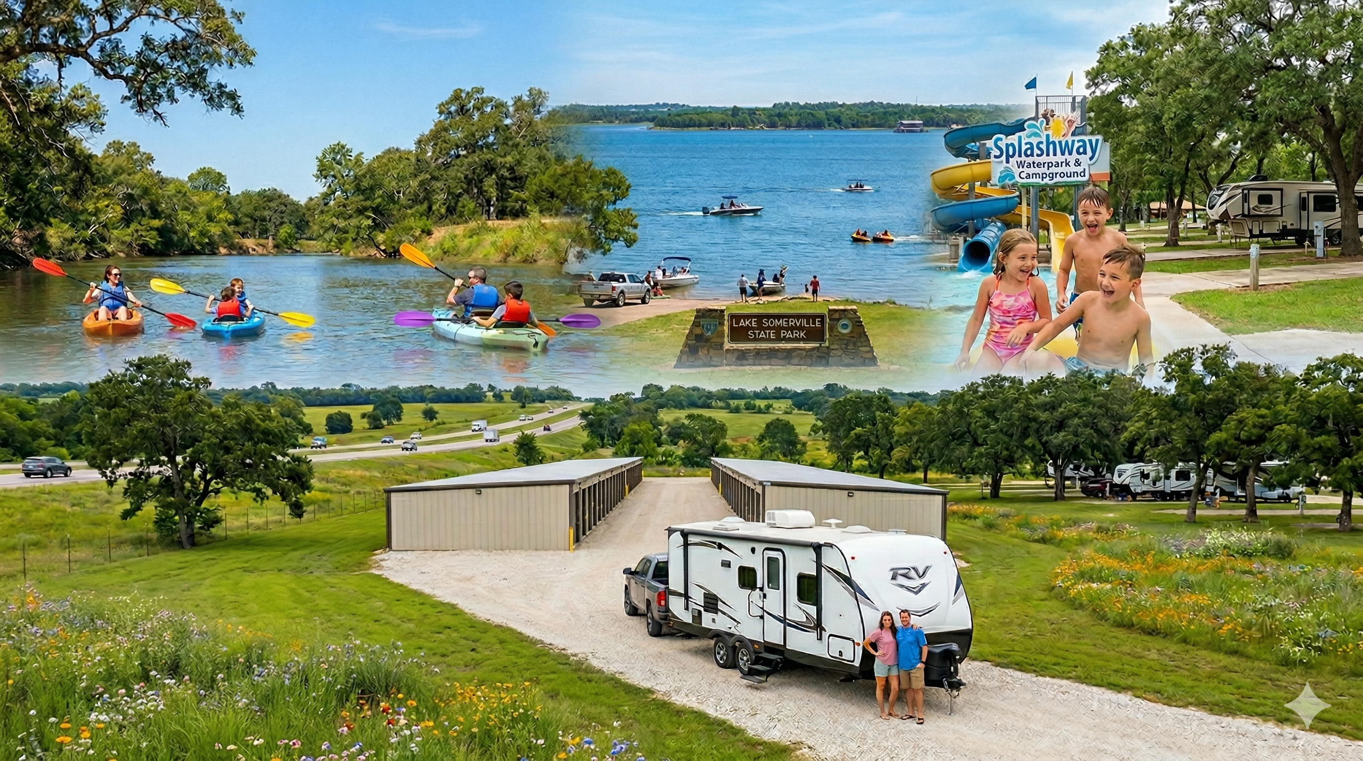 A scenic view of a modern RV hitched to a truck on a gravel road, with a background featuring people kayaking on a river, a boat on a lake, and a family at a waterpark