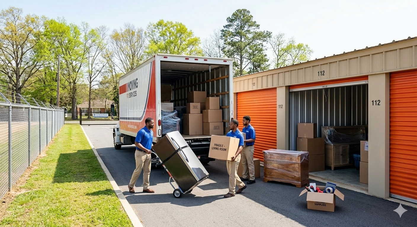 A white moving truck is parked at a clean storage facility in Blakely, GA, with movers loading furniture and boxes into a tan unit with a bright orange roll-up door.