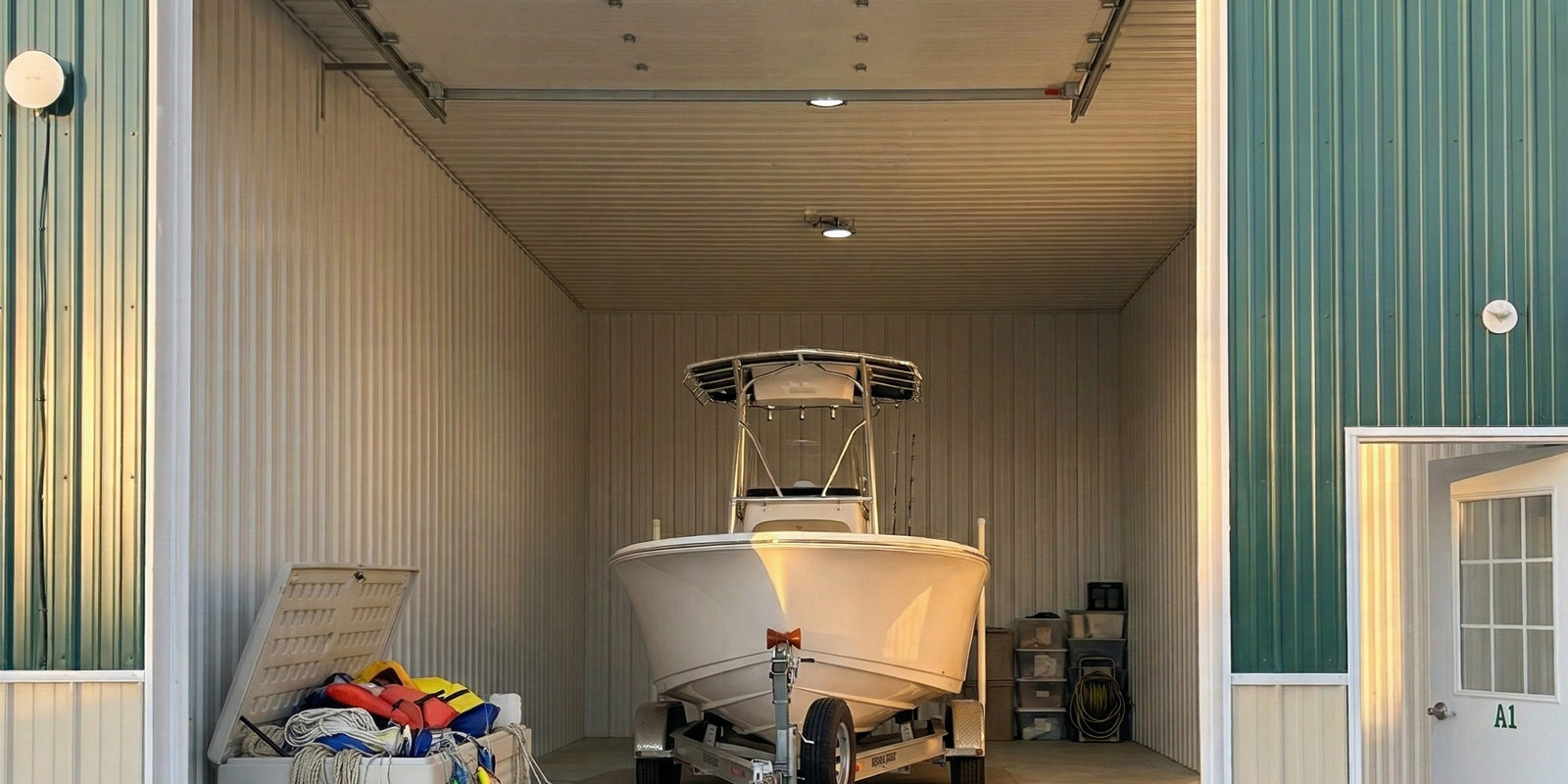 Boat stored in an indoor bay at Green Acres Storage near Ocean City MD