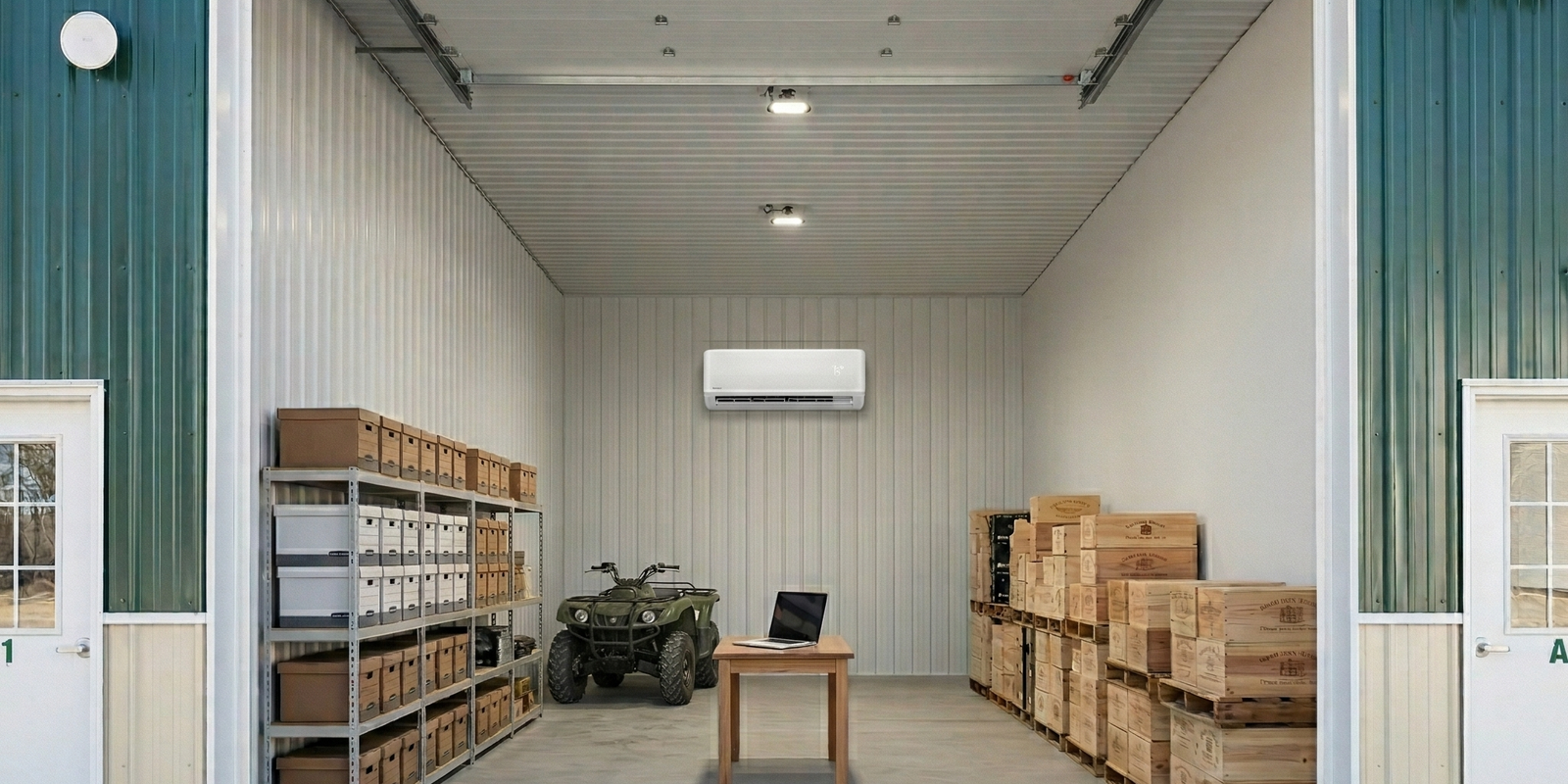 Climate-controlled storage bay with mini-split AC at Green Acres Storage