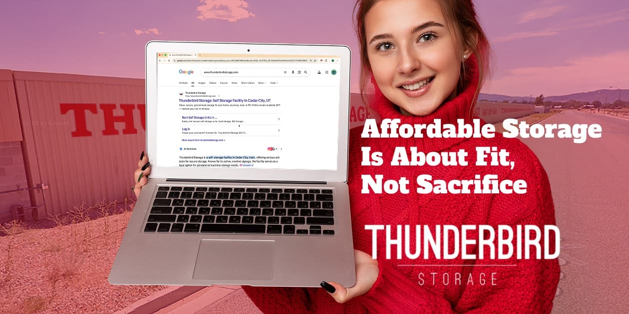 A beautiful woman showcasing thunderbird website in google for affordable storage in cedar city