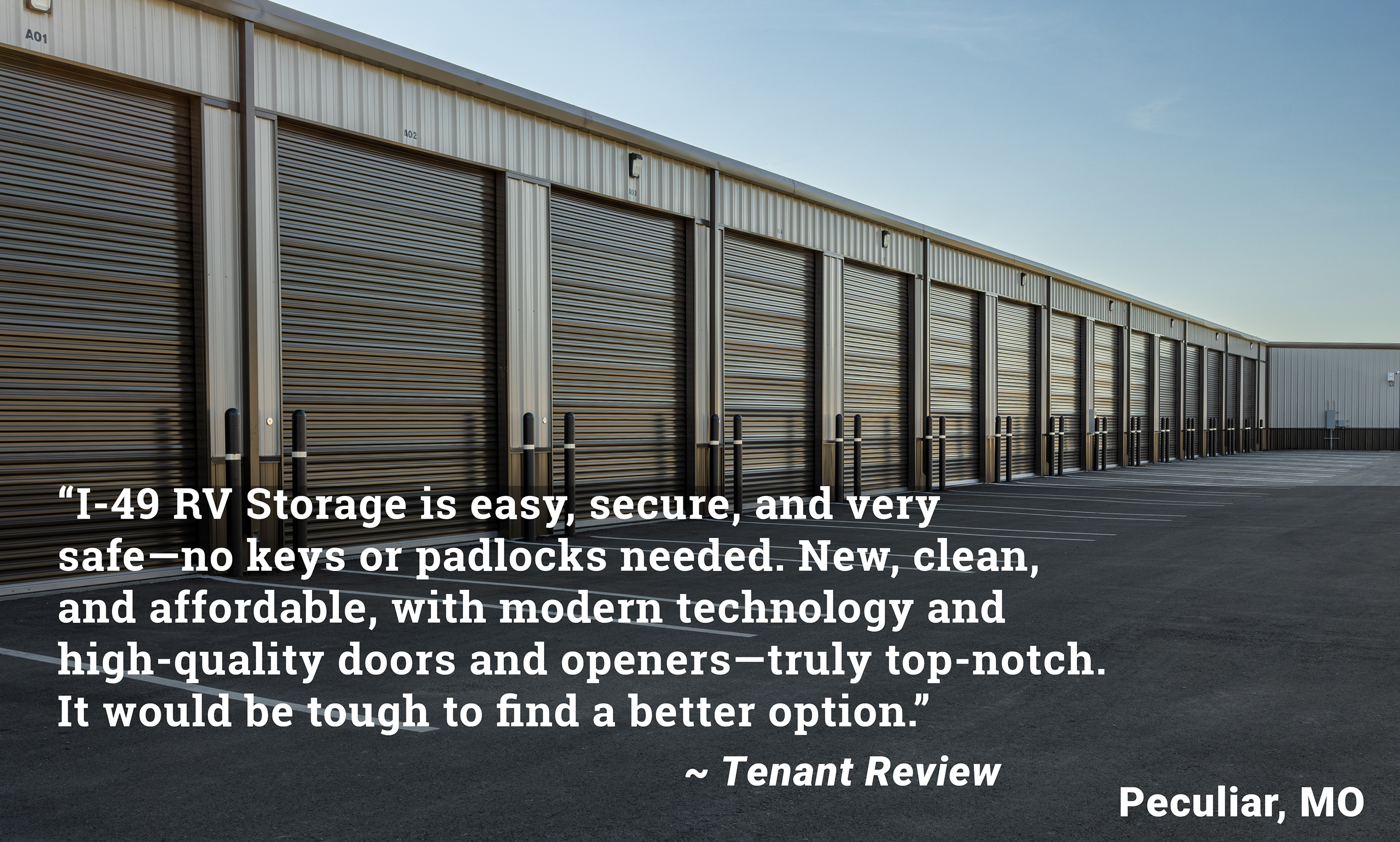 i49storage in Peculiar MO has large angled bays and spacious storage units