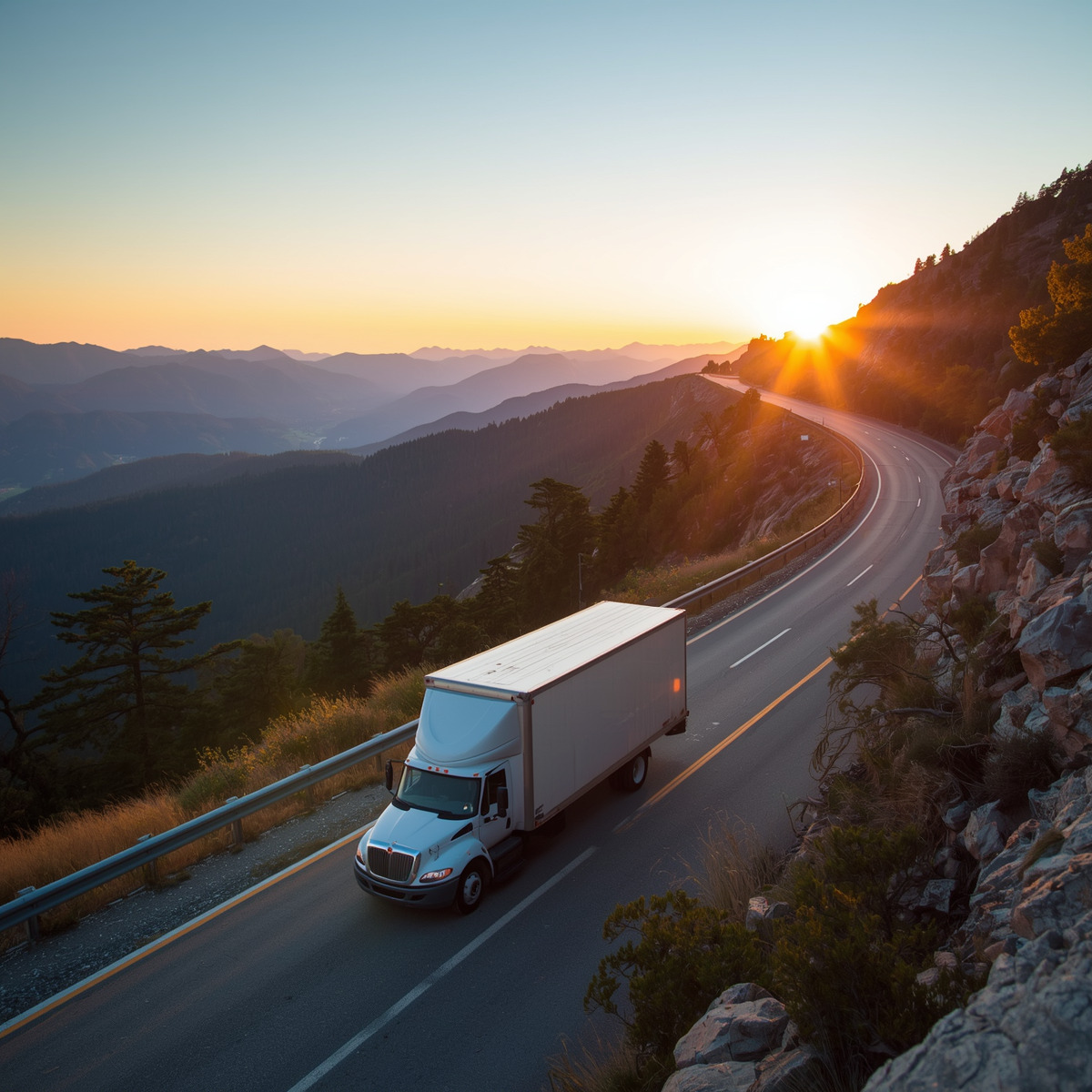 Moving truck driving along a mountain road at sunset