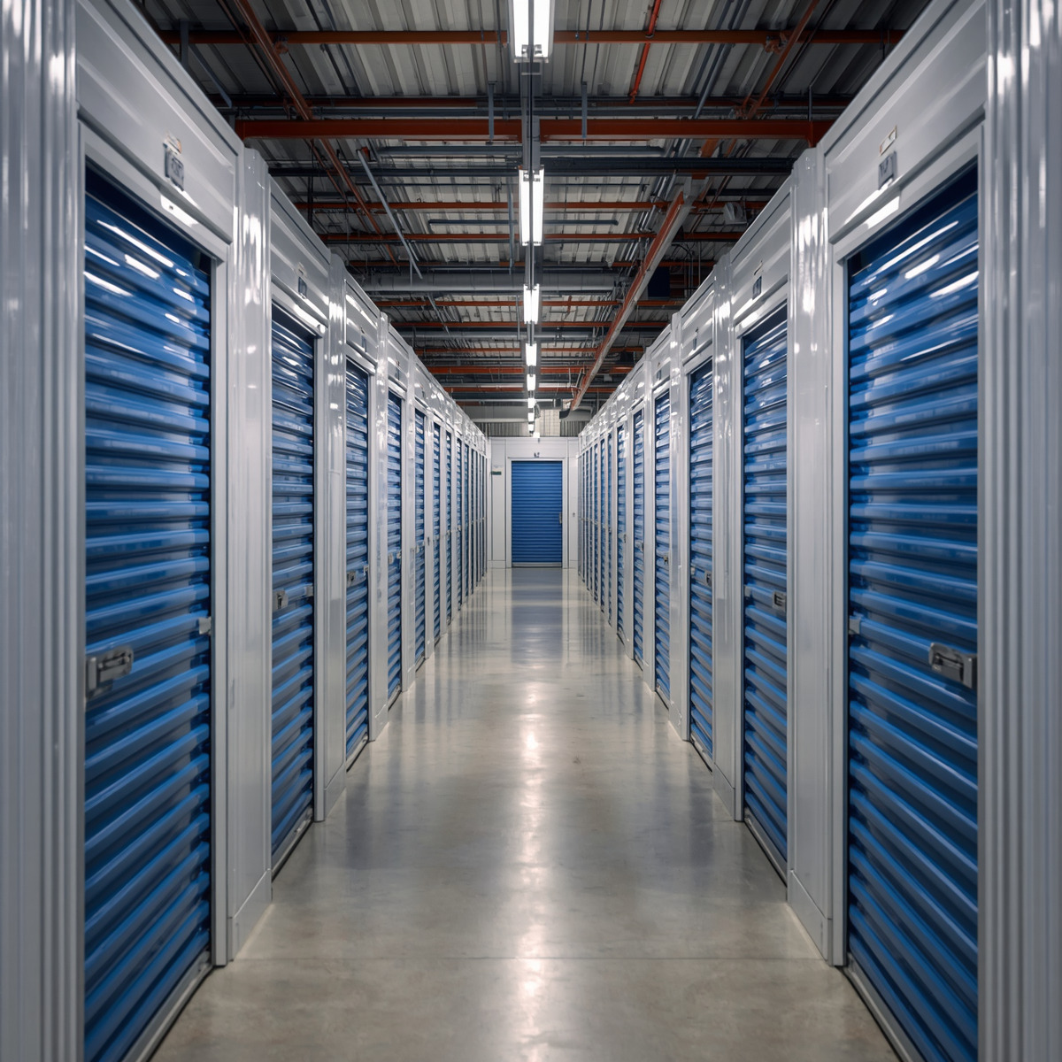 Indoor climate-controlled storage units with blue roll-up doors Indoor climate-controlled storage units with blue roll-up doors