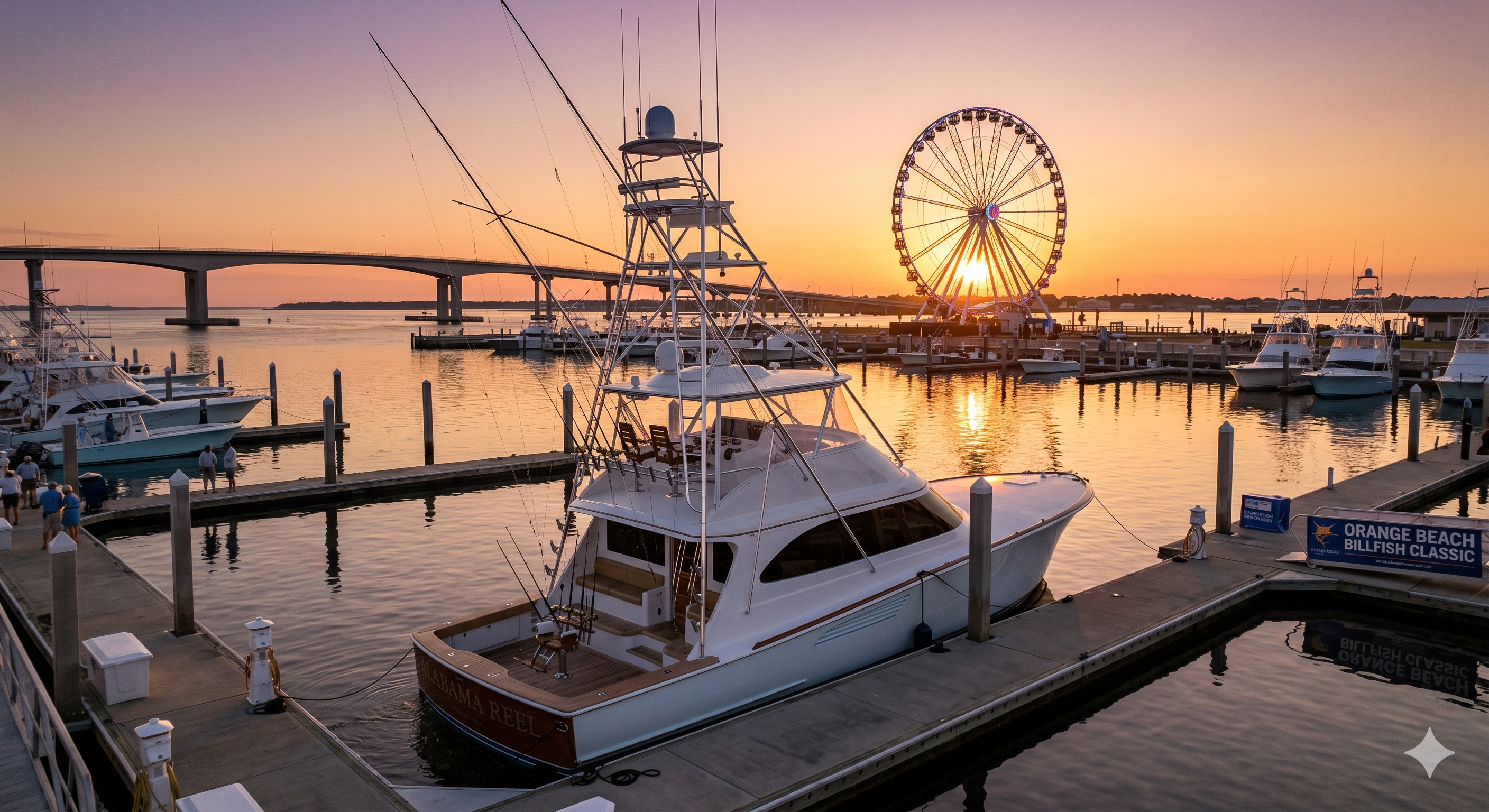 A competition fishing boat parked by a marina with a pier in the background.
