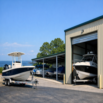Boat parked in outdoor storage facility with ocean in background.