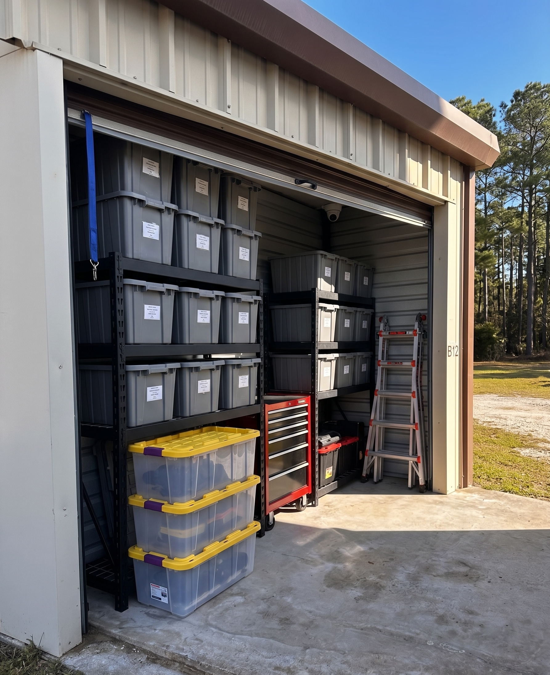 A meticulously organized interior of a commercial storage unit at Bluff Road Self Storage, showcasing heavy-duty shelving, a ladder, and tool chest, with a visible CCTV security camera against a backdrop of pine trees. A meticulously organized interior of a commercial storage unit at Bluff Road Self Storage, showcasing heavy-duty shelving, a ladder, and tool chest, with a visible CCTV security camera against a backdrop of pine trees.