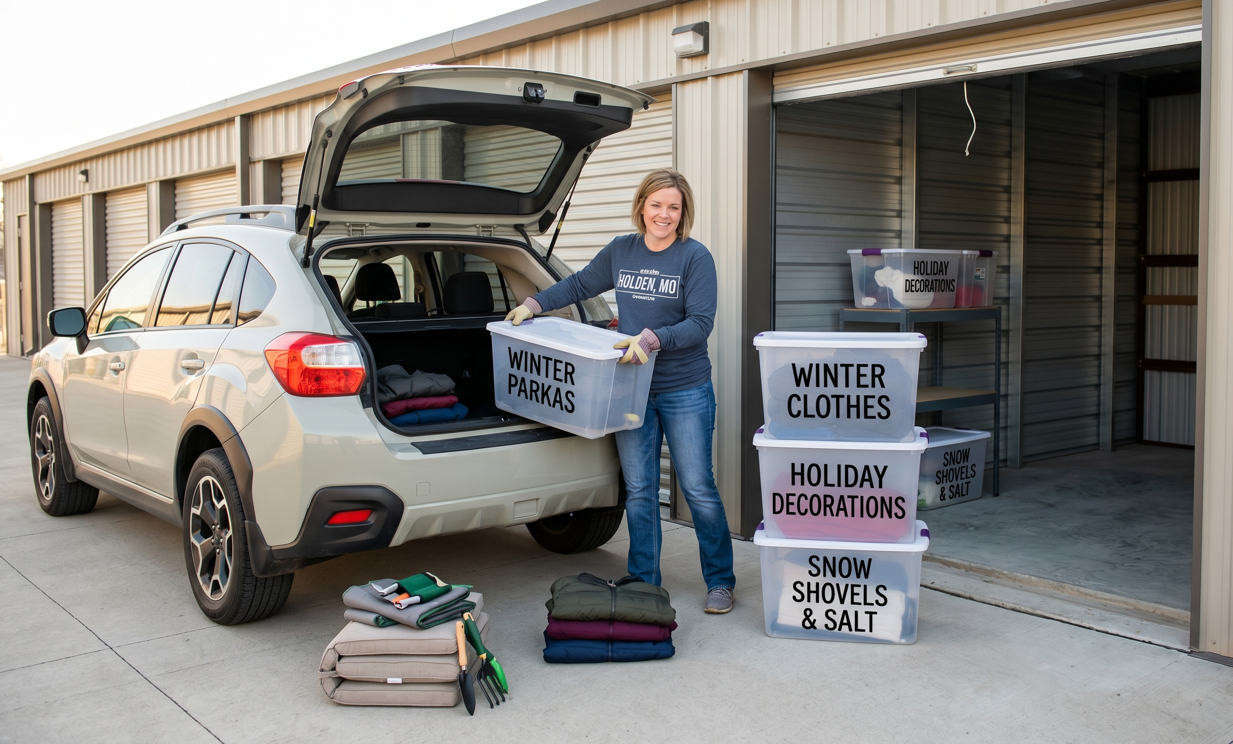 A Holden resident performing a seasonal swap at Barnhouse Storage, unloading garden tools from a car and storing winter parkas and snow shovels in an organized drive-up unit.