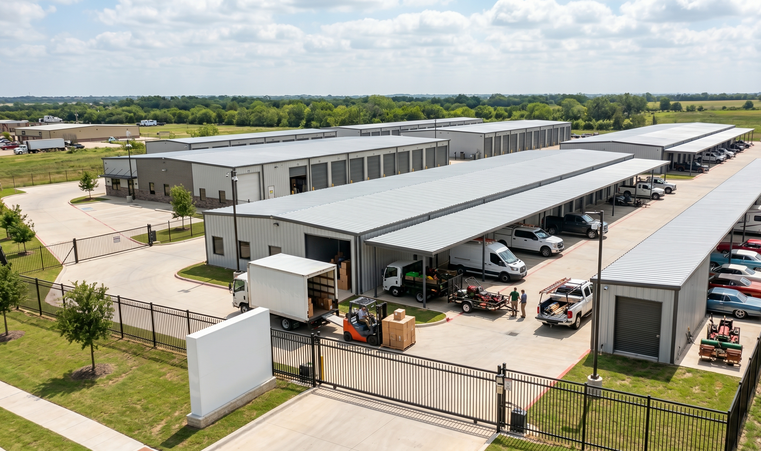 Aerial view of a secure commercial storage facility in Princeton, Texas, featuring wide driveways, covered parking for business trailers, and inventory loading areas with a forklift.