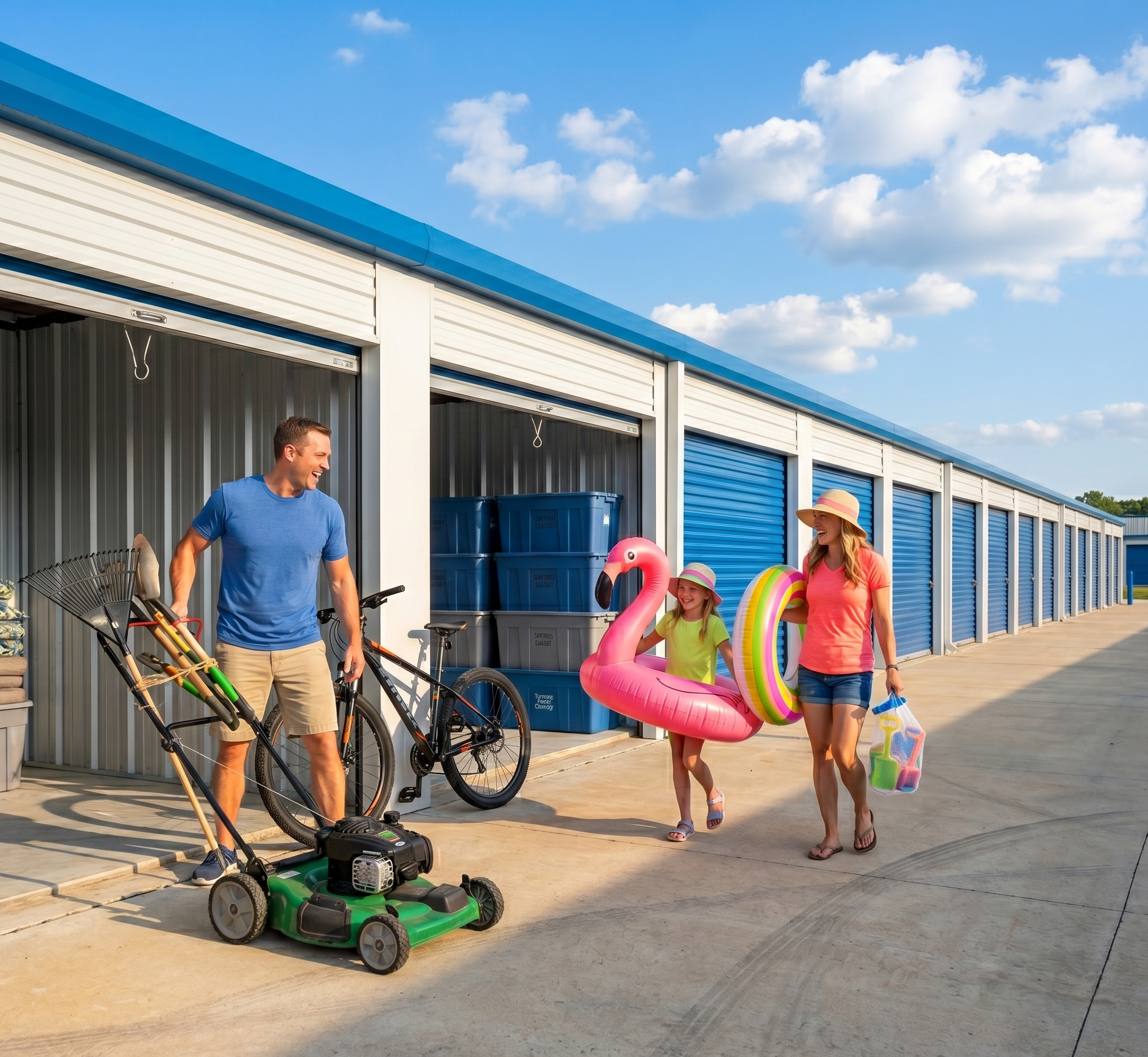 A family in Buckner, MO organizing their summer gear and lawn equipment at a Turning Point Storage drive-up unit.