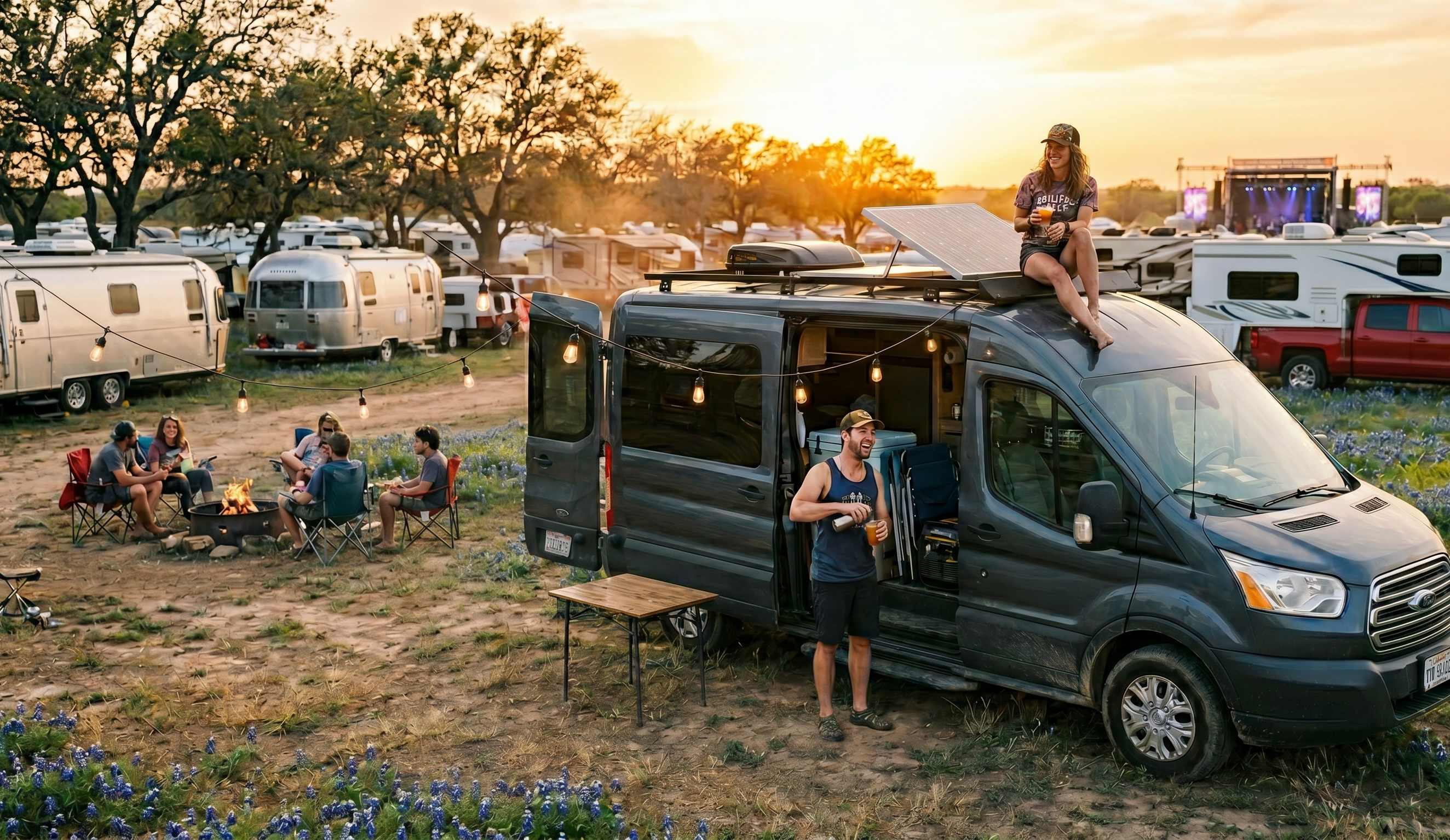 A vibrant sunset scene at a Texas RV music festival featuring a camper van with solar panels, string lights, and a group of friends gathering around a campfire in a field of bluebonnets with a festival stage in the background.