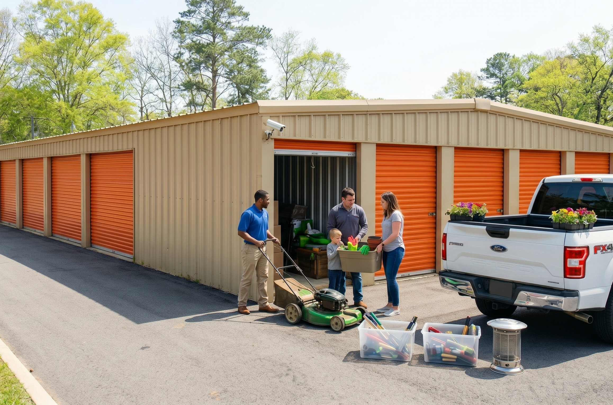Rows of tan storage units with bright orange roll-up doors, sequentially numbered, with a family and mover organizing a unit, and a Ford truck parked on the right.