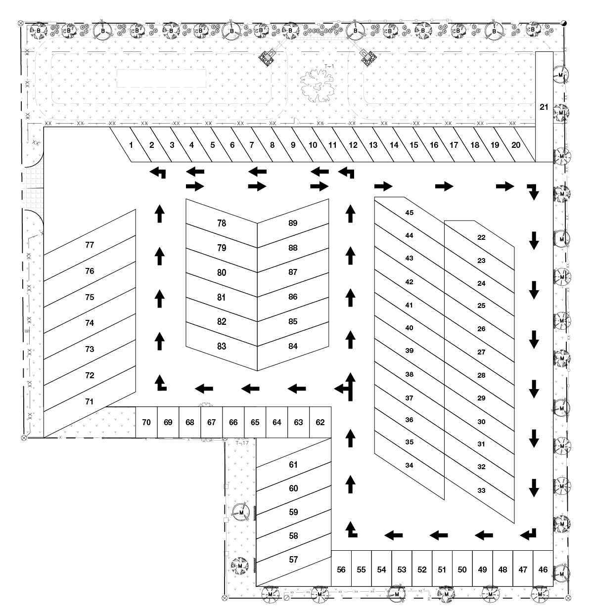 A top-down, black and white site plan of an L-shaped parking lot. 