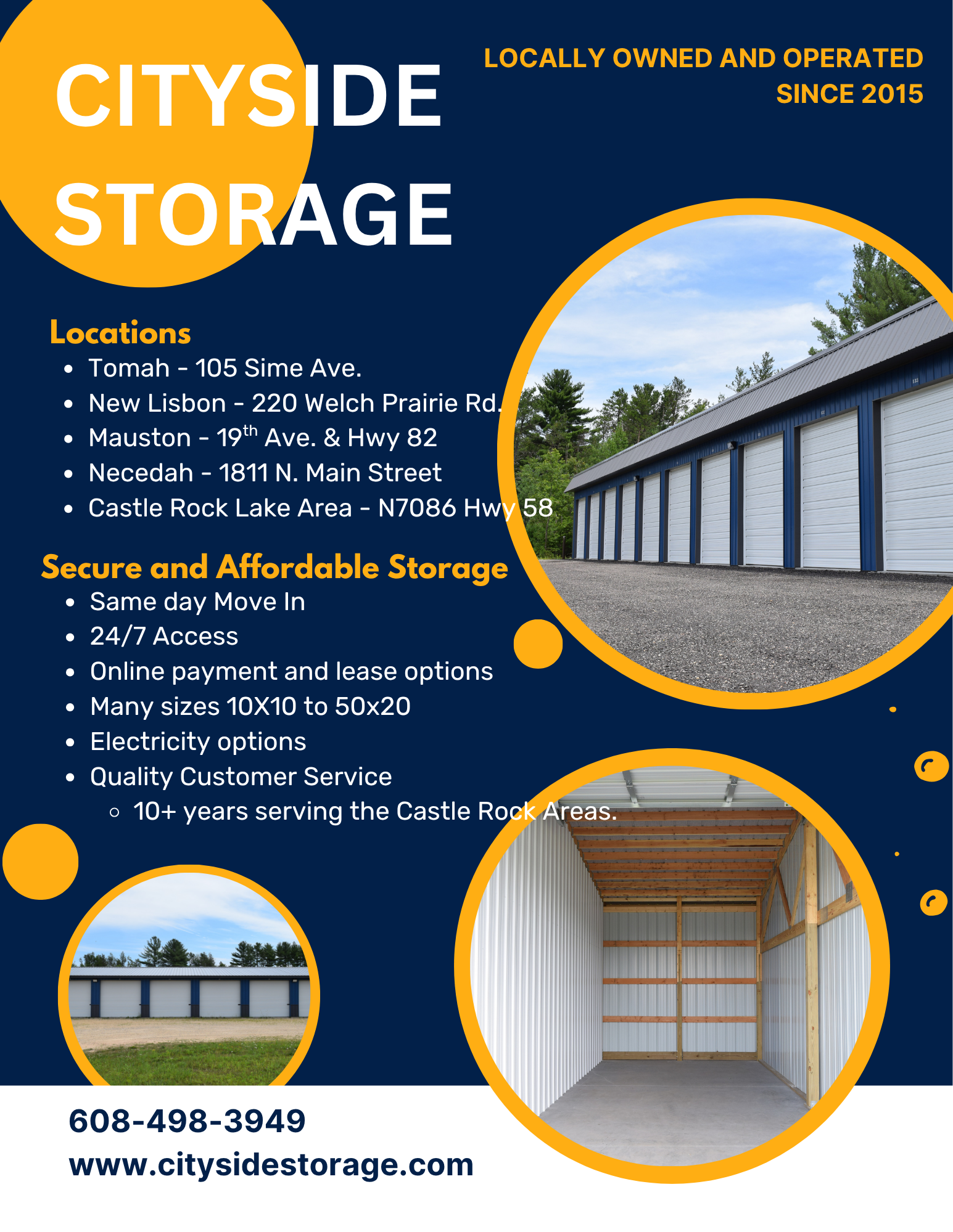 Cityside Storage units near Castle Rock Lake and Lake Petenwell with multiple locations and large storage options