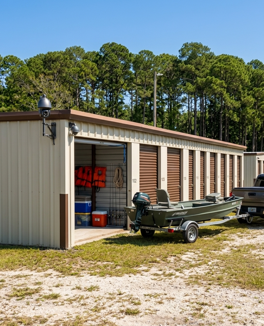 A realistic wide-angle view of Bluff Road Self Storage with an open unit displaying organized fishing rods, life jackets, and a small boat trailer, highlighting secure drive-up access and continuous CCTV surveillance in Apalachicola, FL.