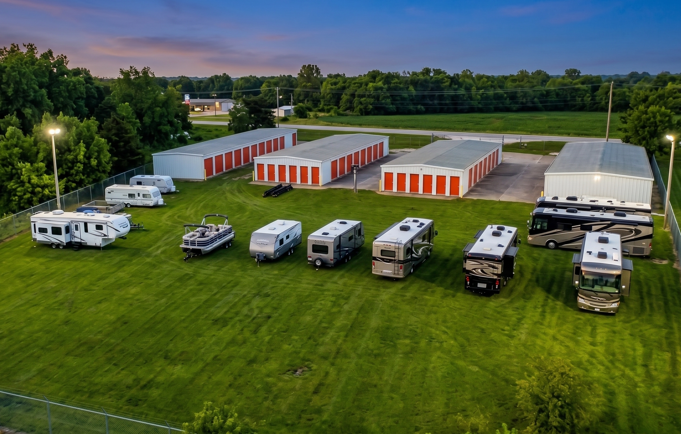 A secure, ground-level view of the fenced-in grass RV and boat parking lot at Barnhouse Storage on 58 HWY in Holden, MO, showing multiple campers and boats on trailers parked behind the four orange and white storage buildings at twilight.