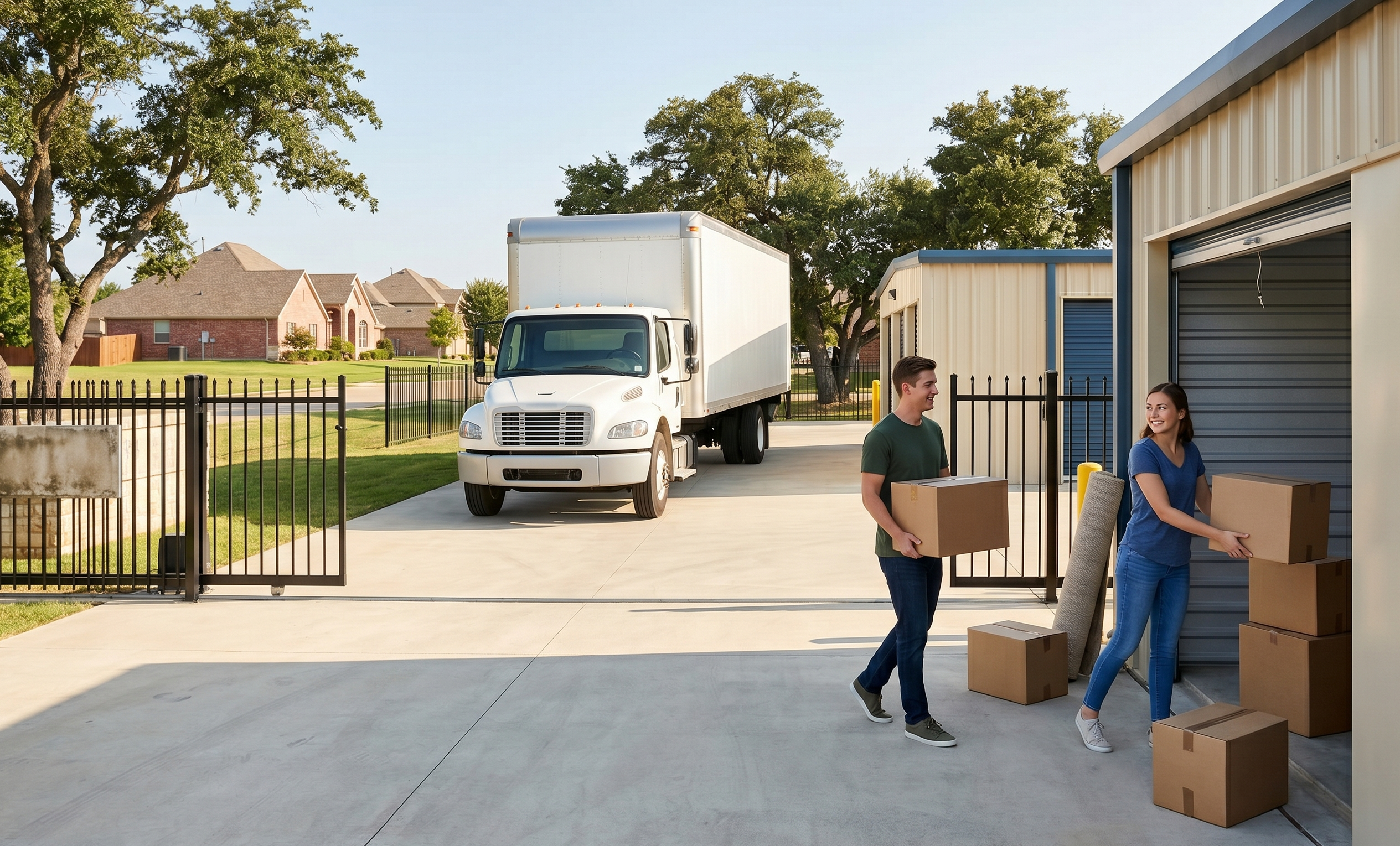 A couple loading cardboard boxes into a secure drive-up storage unit in Princeton, TX, with a large white moving truck parked on a wide concrete driveway.