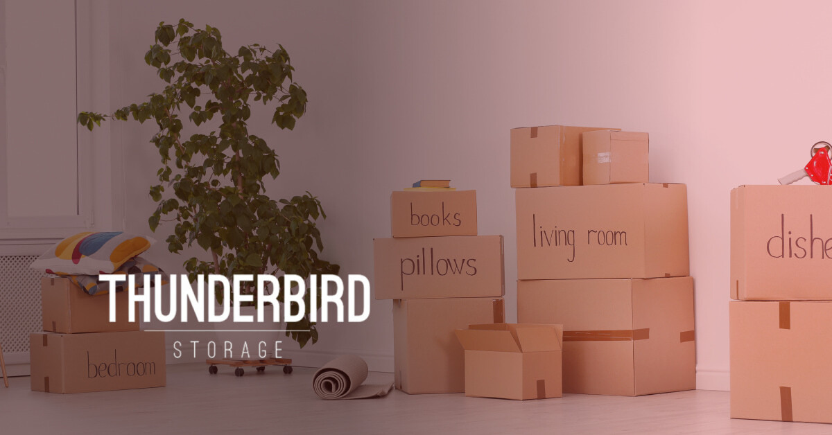 Stacks of labeled cardboard boxes including "bedroom," "living room," "pillows," and "books" in a clean room with a potted plant and the Thunderbird Storage logo overlay.