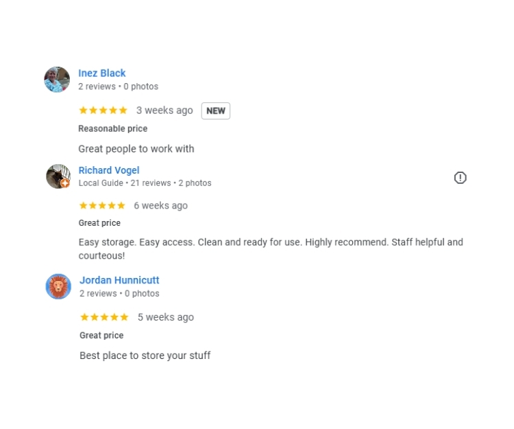 Google review display for Dellwood Storage in Waynesville, NC with customers praising the facility’s secure units, helpful service, and convenient location.
