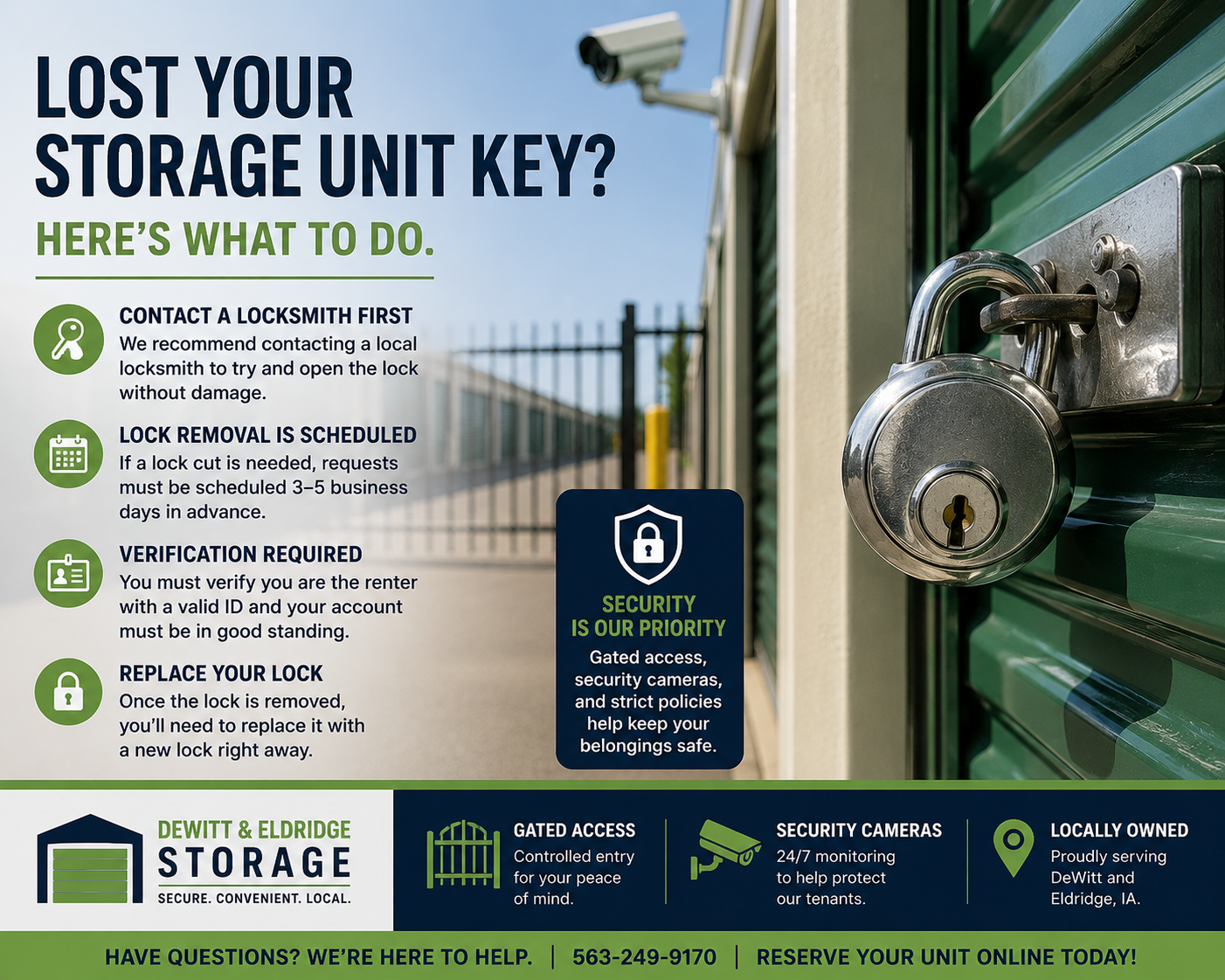 Storage unit lock and gated security at a storage facility in DeWitt and Eldridge Iowa