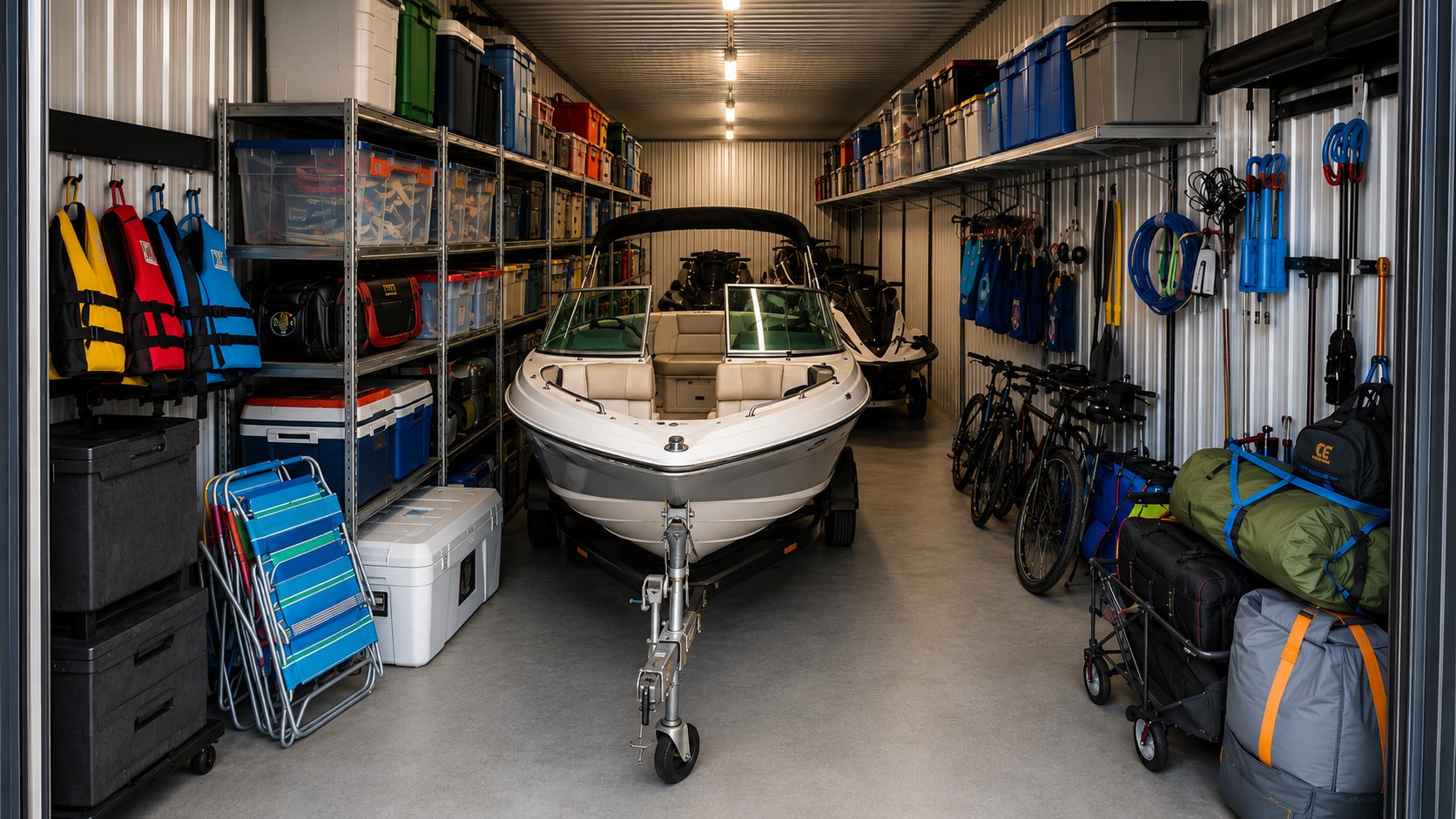 A well-organized storage unit with a boat and recreational gear along the edges