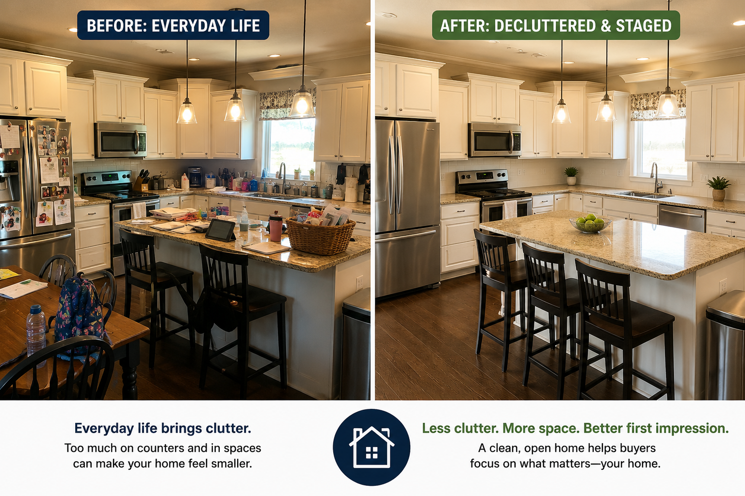 Side-by-side comparison of a cluttered kitchen and a decluttered staged kitchen before selling a home in Eldridge Iowa