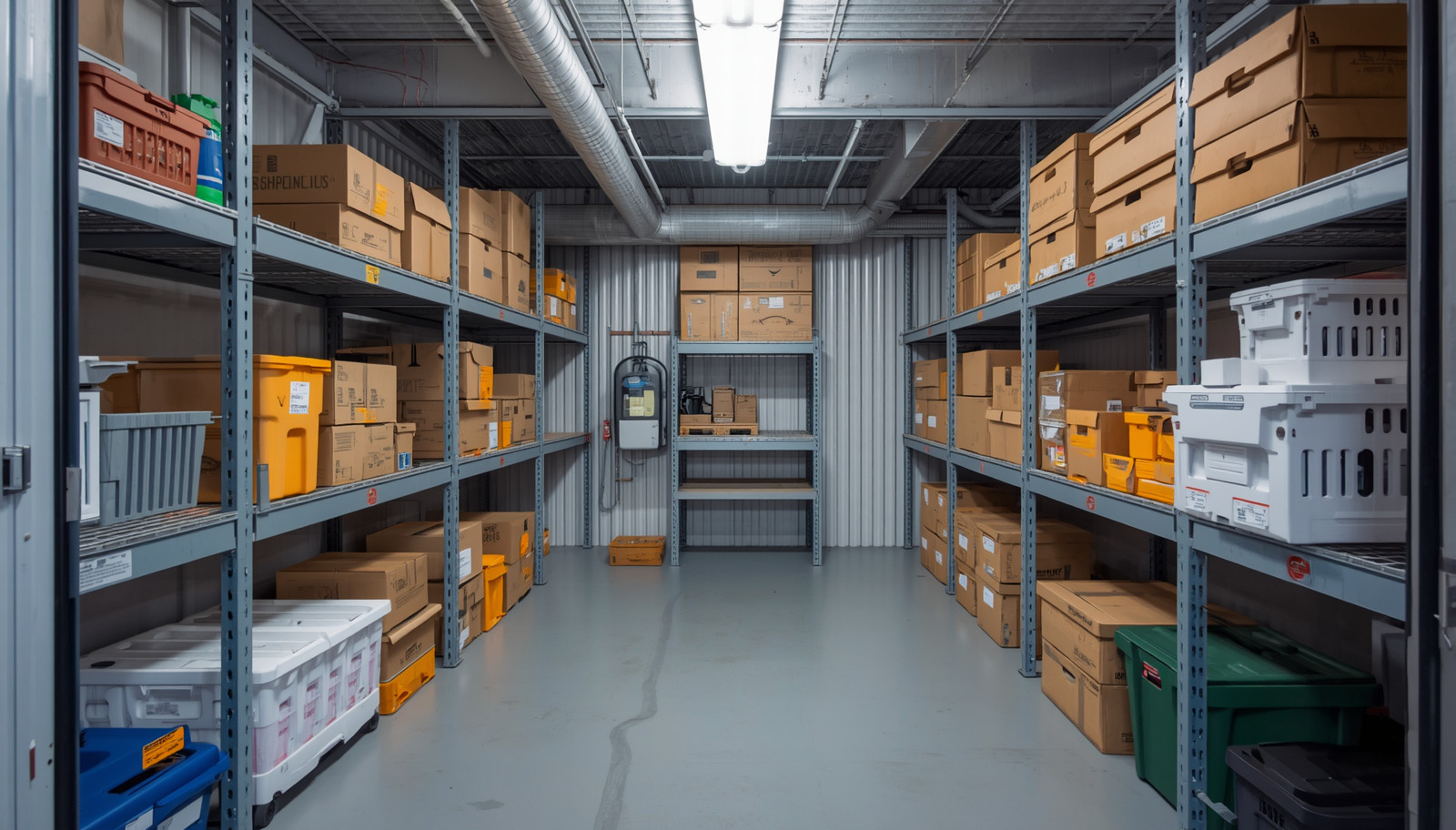 Organized climate-controlled storage unit with shelves, boxes, and storage bins. Organized climate-controlled storage unit with shelves, boxes, and storage bins.