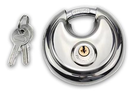 Close-up of a shiny stainless steel disc padlock with keys on a ring beside it, set against a black background, conveying security and durability. Close-up of a shiny stainless steel disc padlock with keys on a ring beside it, set against a black background, conveying security and durability.