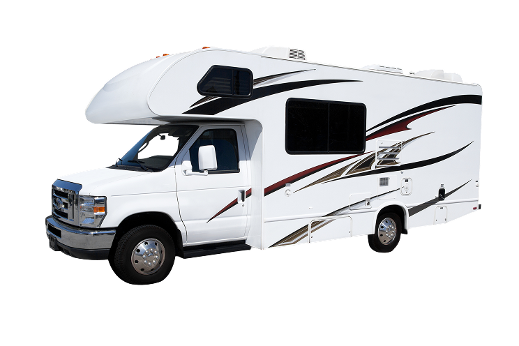 White motorhome with sleek black and red stripes on the side, large cabin, and multiple windows
