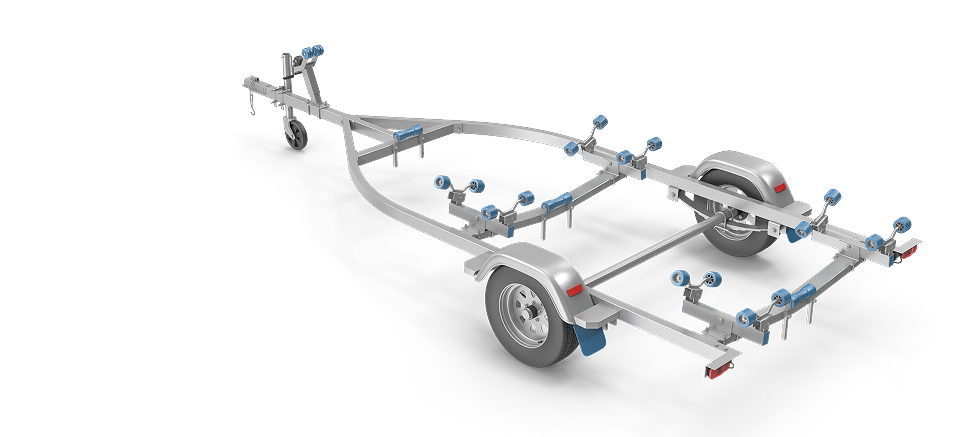 Silver boat trailer with multiple blue rollers on a black background