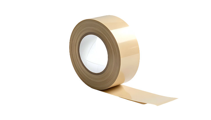 A large roll of wide, glossy beige tape is unwound slightly on a black background A large roll of wide, glossy beige tape is unwound slightly on a black background