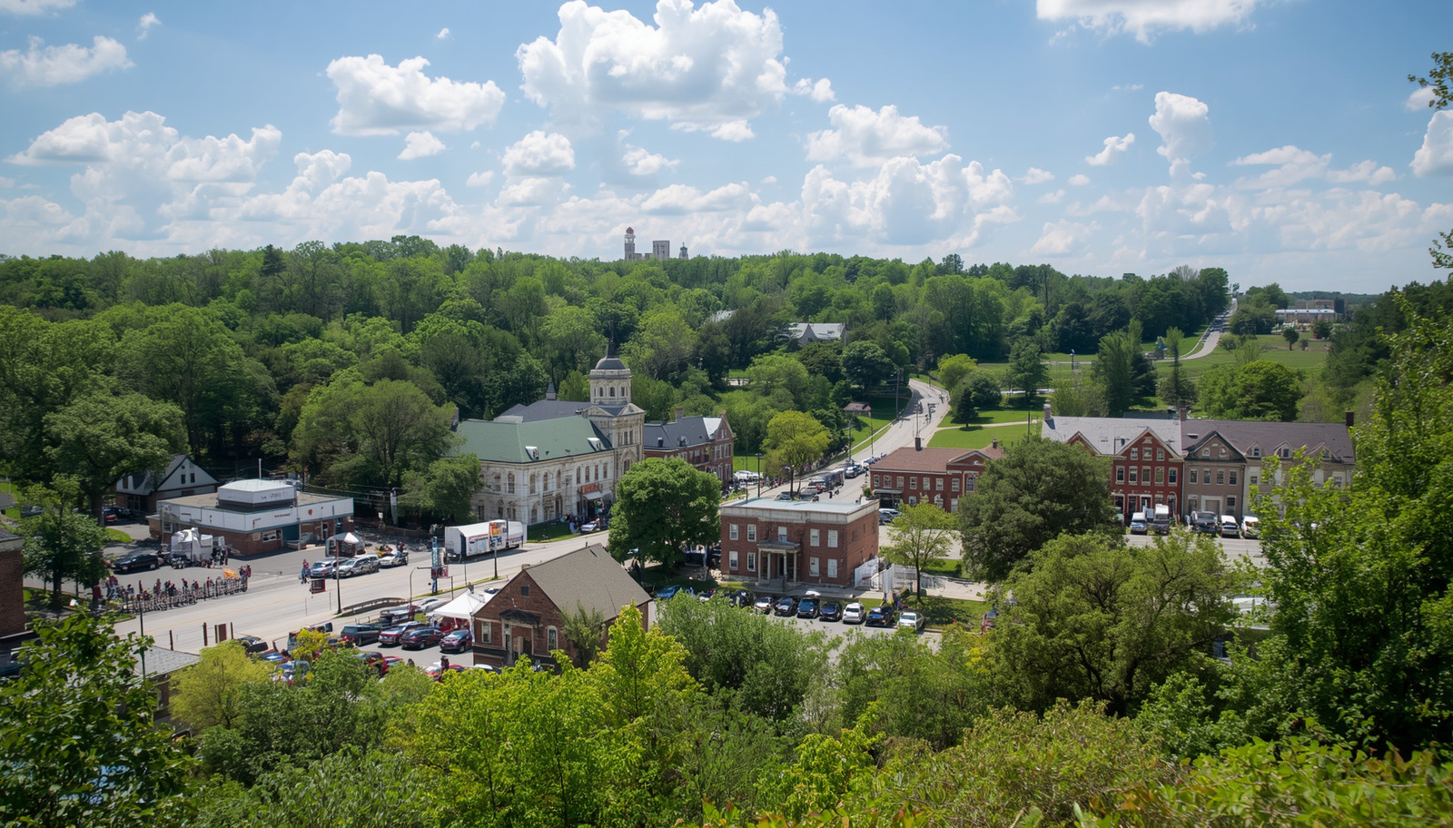 Newport, Tennessee downtown aerial view surrounded by green hills and trees on a sunny day.