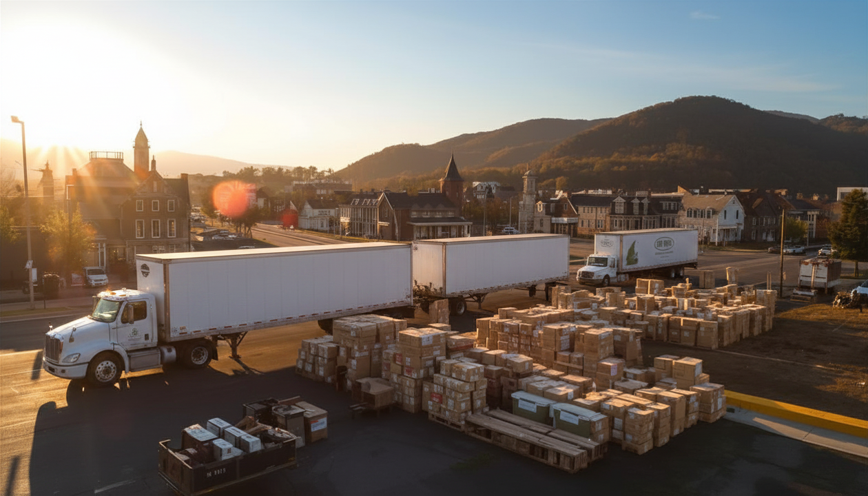 Moving trucks and packed boxes in downtown Hico, West Virginia with mountain views at sunset. Moving trucks and packed boxes in downtown Hico, West Virginia with mountain views at sunset.